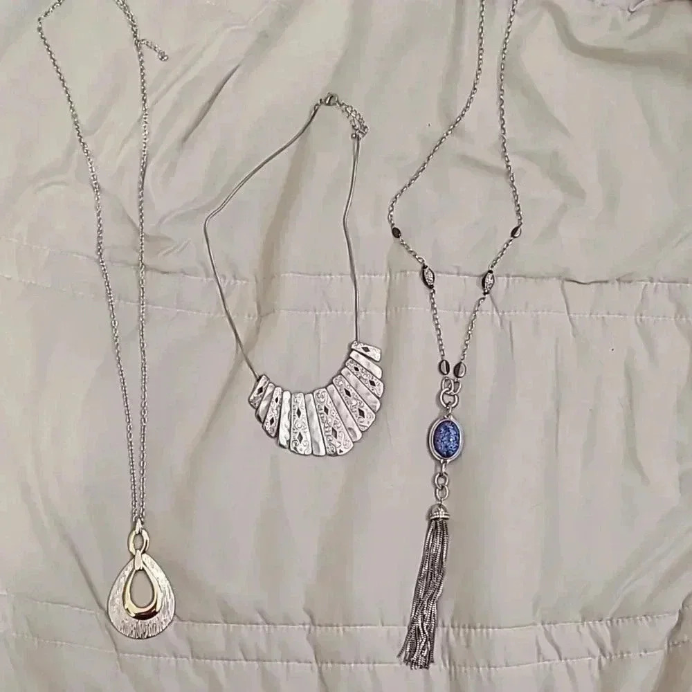 #15 set of 3 fashion necklaces long beaded tassel geometric silver